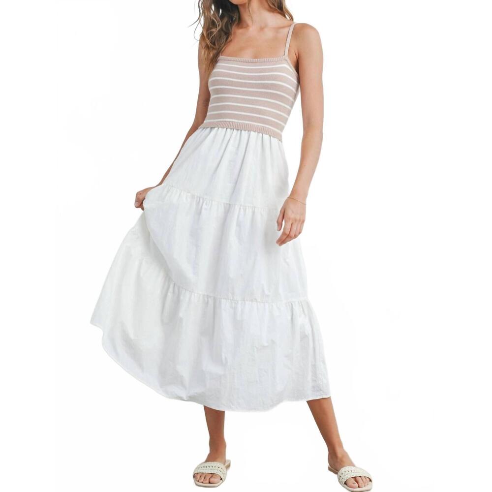NEW BUTTERMELON striped sleeveless tiered maxi dress in white
